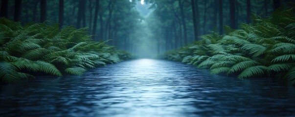 Poster - Glow forest idea. A serene river flows through a lush green forest, surrounded by ferns and tranquility.