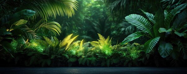 Poster - Glow forest concept. Lush green foliage with vibrant leaves in a serene jungle setting, embodying nature's beauty.