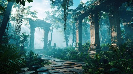 Poster - Glow forest concept. A tranquil forest scene with ancient stone pillars enveloped in vibrant green foliage.