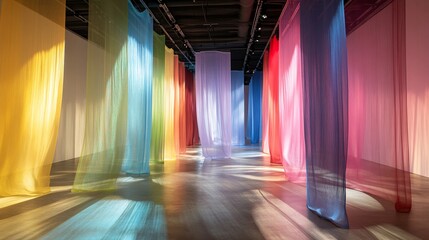 Wall Mural - Sunlight shining through colorful textile installation art