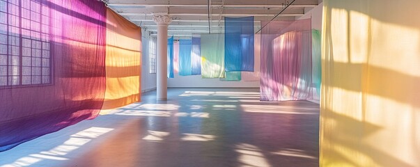 Poster - Sunlight streaming through colorful curtains in art gallery