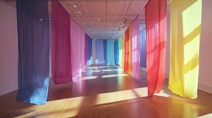 Poster - Sunlight streaming through colorful transparent curtains in gallery