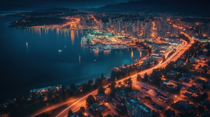Poster - prosperous coastal city at night, with a mix of urban lights and natural beauty, highlighting the skyline, waterfront, and bustling roads below