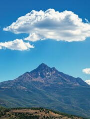 Poster - Majestic mountain range under soft clouds in blue sky with space for text. Generative AI