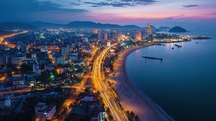 Poster - prosperous coastal city at night, with a mix of urban lights and natural beauty, highlighting the skyline, waterfront, and bustling roads below