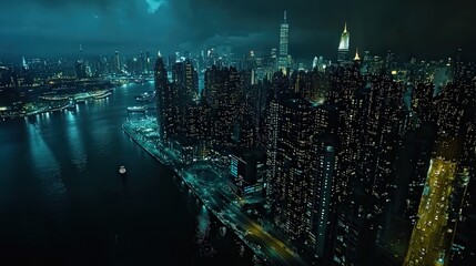 Poster - prosperous coastal city at night, with a mix of urban lights and natural beauty, highlighting the skyline, waterfront, and bustling roads below