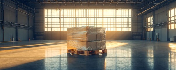 Poster - Stack of cardboard boxes wrapped in plastic film in a warehouse