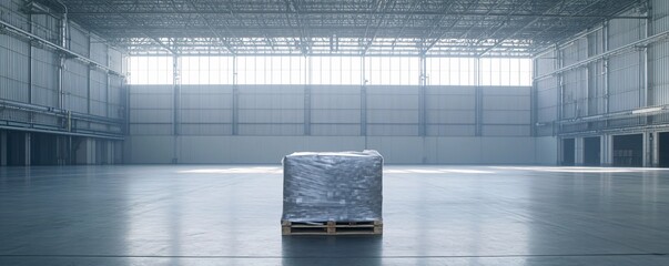 Poster - Single pallet wrapped with goods standing in a large empty warehouse