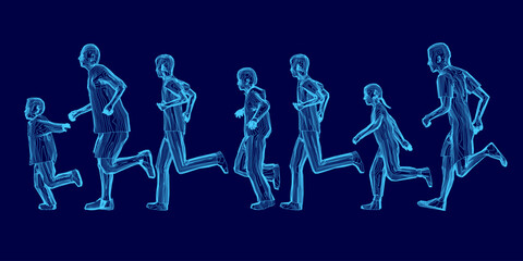 Poster - A series of people running in a line. The image is in blue and has a futuristic feel to it