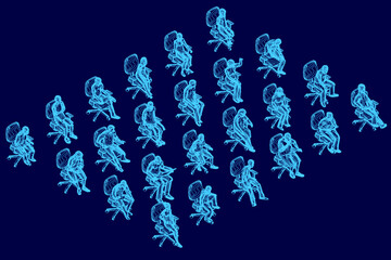 Poster - A blue background with a bunch of people sitting in chairs. Isometric view