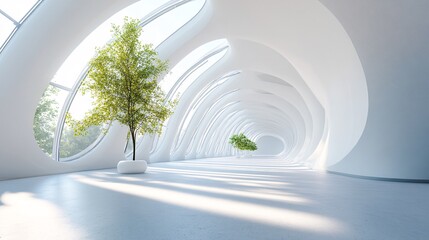 Aufkleber - Modern empty white hall interior with trees growing under arched ceiling windows