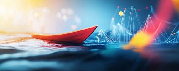 Leinwandbilder - Red paper boat sailing through a sea of data visualizations