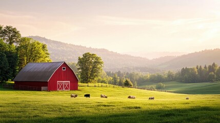 Wall Mural - Serene countryside landscape with a red barn and grazing sheep