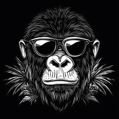 Gorilla in sunglasses, black and white portrait, tropical backdrop, graphic design, poster