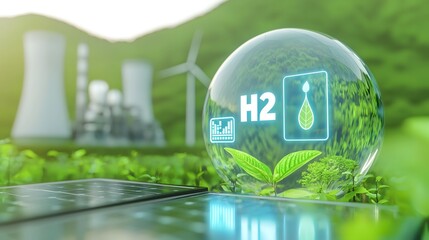 Poster - Futuristic Clean Energy Network Combining Hydrogen Pipelines and Solar Panels in Vibrant Green Setting