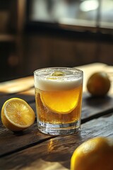 Poster - Glass of cold beer with lemon slice on wooden table