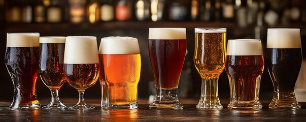 Poster - Different beer types standing in a row on bar counter in a pub