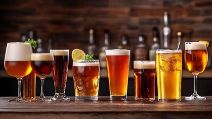 Poster - Row of various styles of beer resting on bar top