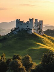 Aufkleber - Majestic medieval castle atop a green hill bathed in warm sunset light. Generative AI