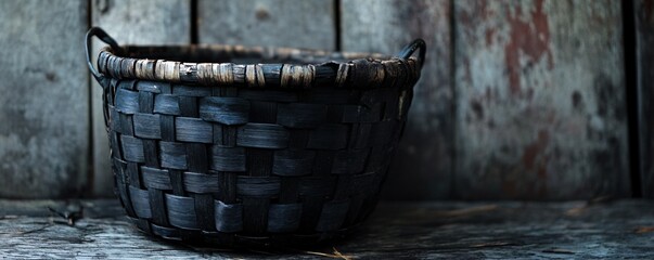 Aufkleber - Black wicker basket resting on a rustic wooden surface
