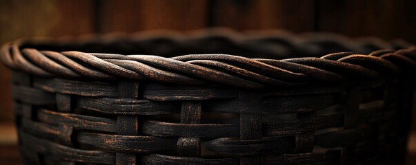 Poster - Empty dark wicker basket standing on wooden surface