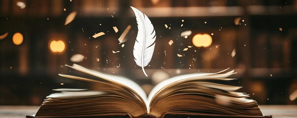 Poster - Open book with feather floating above revealing story in library