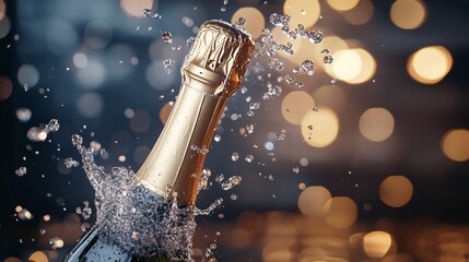 Poster - Champagne bottle splashing on golden bokeh background