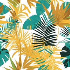 Wall Mural - Seamless pattern featuring minimalist tropical palm leaves and foliage in green, gold, and sunset orange