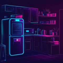 Sticker - Neon kitchen interior scene; futuristic, stylized design; use for wallpaper, poster, or app