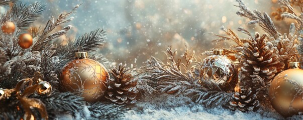 Poster - Christmas card with golden and silver ornaments lying on snowy pine branches