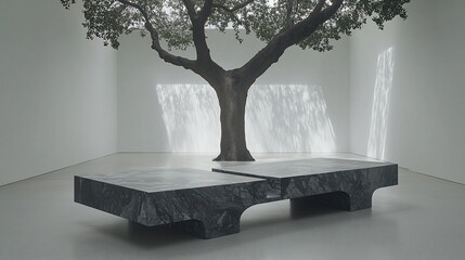 Aufkleber - Minimalist marble coffee table in modern gallery, tree backdrop, sunlight