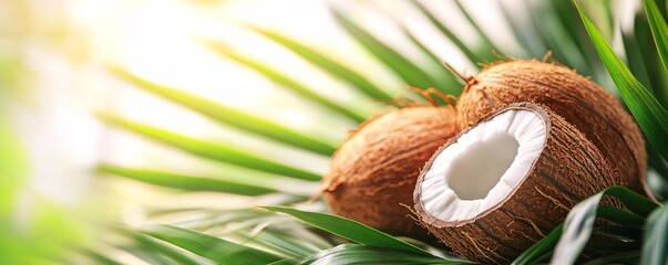 Poster - Fresh coconut lying on palm tree leaves in sunlight