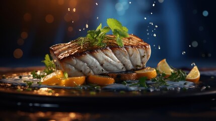 A piece of fish on a plate with lemon and herbs