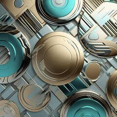 Poster - Geometric Metallic Art: Circles and Squares in Teal Gold and Silver tones