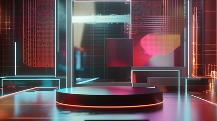 Poster - Sleek Modern Podium in 3D Space Surrounded by Digital Elements