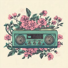 Wall Mural - Vintage Radio Surrounded by Flowers. Possible use Print design, social media graphic, poster