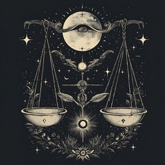 Wall Mural - Zodiac Libra Scales, Moon, Stars, Spiritual Balance, Artistic Illustration