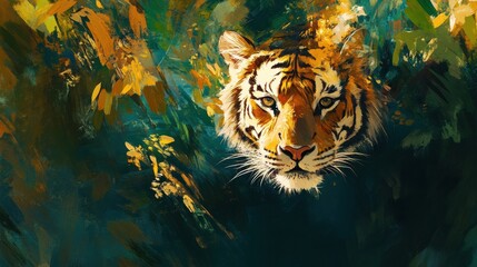 Fototapete - Vibrant portrait of a tiger amidst a lush jungle with ample space for creative text. Generative AI