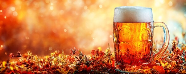 Poster - Mug of beer standing on colorful autumn leaves with blurry background