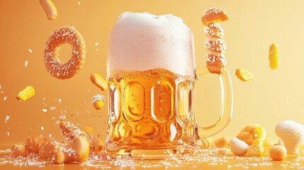 Poster - Beer is pouring into glass and nuts and donuts are flying around