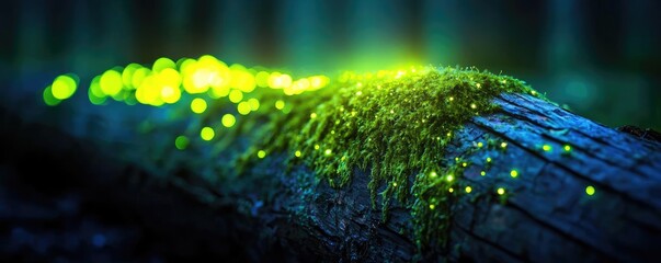 Poster - Glow forest concept. A vibrant scene showcasing bioluminescent moss on a log in a magical forest setting.