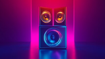 Sticker - Neon speakers against vibrant backdrop. 3D rendering. Possible use for music