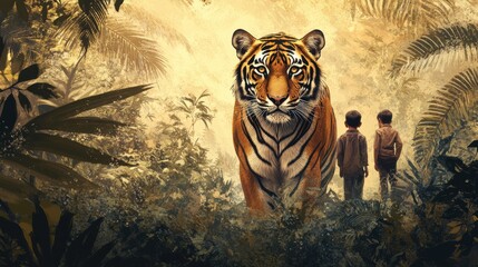 Poster - Majestic tiger gazes intensely while two children observe in a lush jungle setting. Generative AI