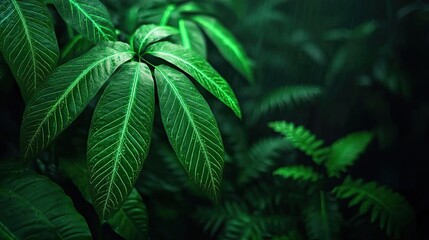 Poster - Glow forest idea. Close-up of vibrant green leaves in a lush tropical environment.