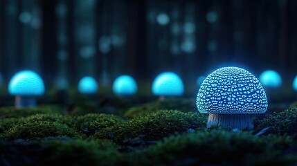 Poster - Glow forest idea. Glowing mushrooms in a dark forest create a mystical atmosphere of nature's beauty.
