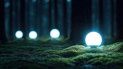 Poster - Glow forest concept. Mysterious glowing orbs illuminate a serene forest landscape at night.