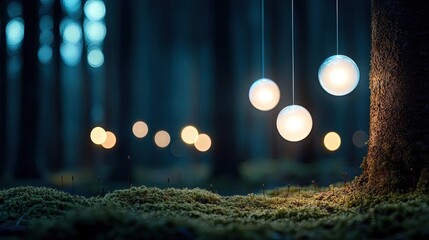 Poster - Glow forest concept. Enchanting forest scene with glowing orbs creating a mystical ambiance.