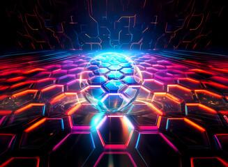 Poster - Double exposure artwork shows a glowing cell or egg shape with neon lights on a hexagonal surface. Futuristic and abstract design with vibrant colors.