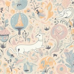 Poster - Whimsical animal and plant pattern with a light pastel color palette and fairytale aesthetic