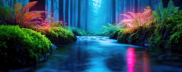 Poster - Glow forest concept. A tranquil forest scene with vibrant plants and a serene stream illuminated by soft light.